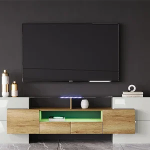 Houten tv-meubel van 2 meter met 2 lades en 2 open planken – Naturel en wit Houten tv-meubel van 2 meter met 2 lades en 2 open planken – Naturel en wit