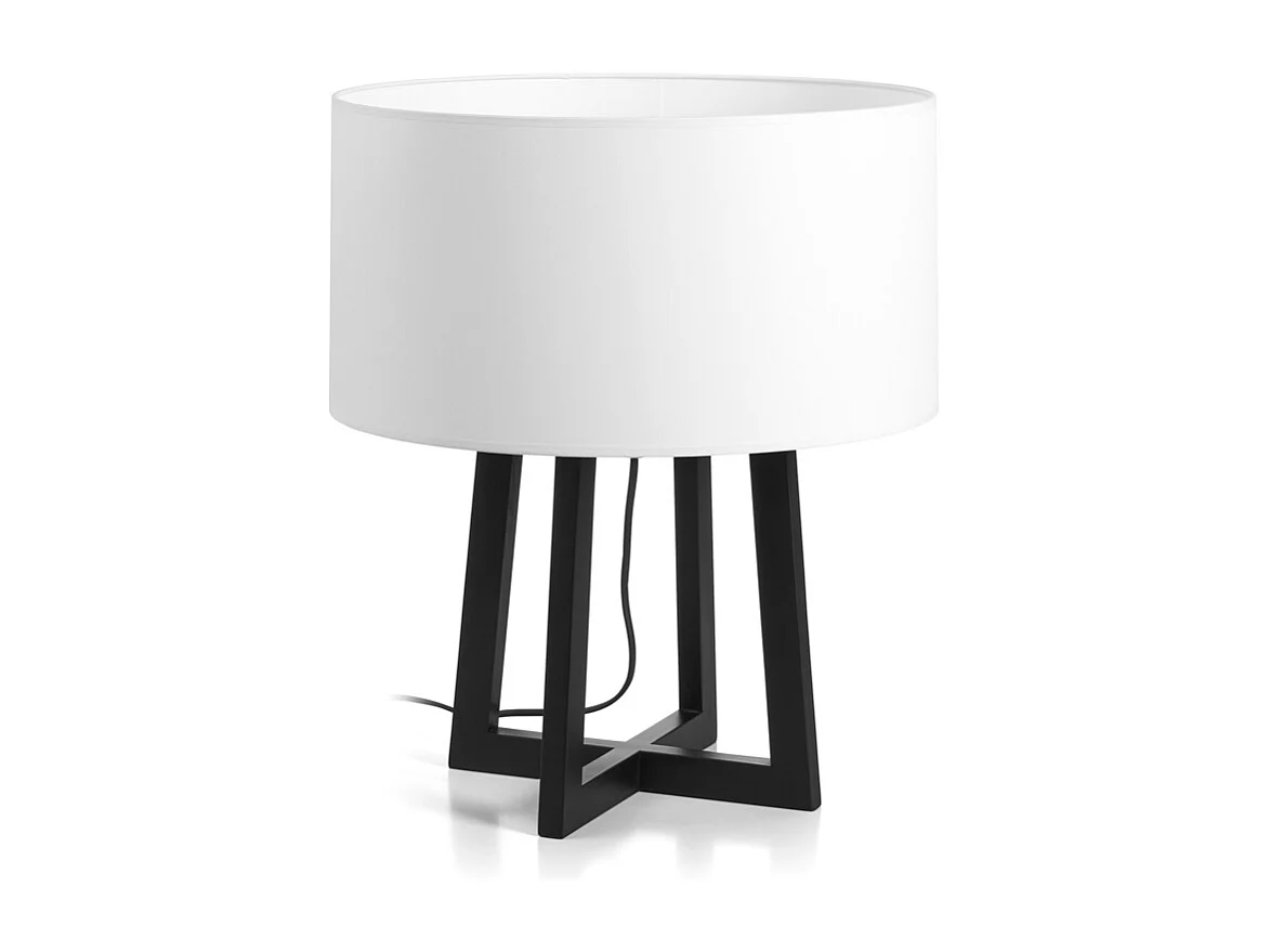 KARA tafellamp moderne en klassieke stijl - D.38 cm x H. 45 cm - E27 40W - 2 m kabel - aan&uit - IP20 - hout - staal en zwart - wit katoen