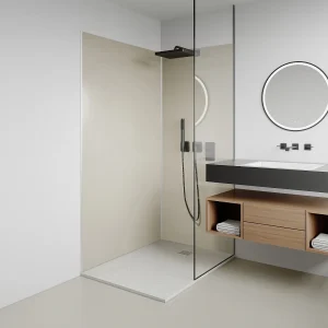 Set van 2 ivoorwitte douchewandpanelen van aluminium met profielen – L90 x B120 x H210 cm – ITZIAR Set van 2 ivoorwitte douchewandpanelen van aluminium met profielen – L90 x B120 x H210 cm – ITZIAR