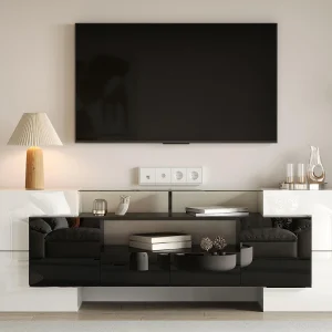 Houten tv-meubel van 2 m met 2 lades en 2 open planken – Wit en Zwart Houten tv-meubel van 2 m met 2 lades en 2 open planken – Wit en Zwart