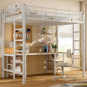 Hoogslaper 90×200 cm – met bureau en planken – ijzeren frame – Wit