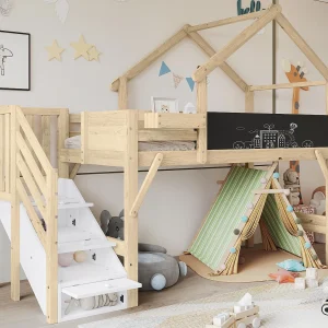 Houten mezzaninebed 90x200cm – met schoolbord en opbergtrap – Naturel Houten mezzaninebed 90x200cm – met schoolbord en opbergtrap – Naturel