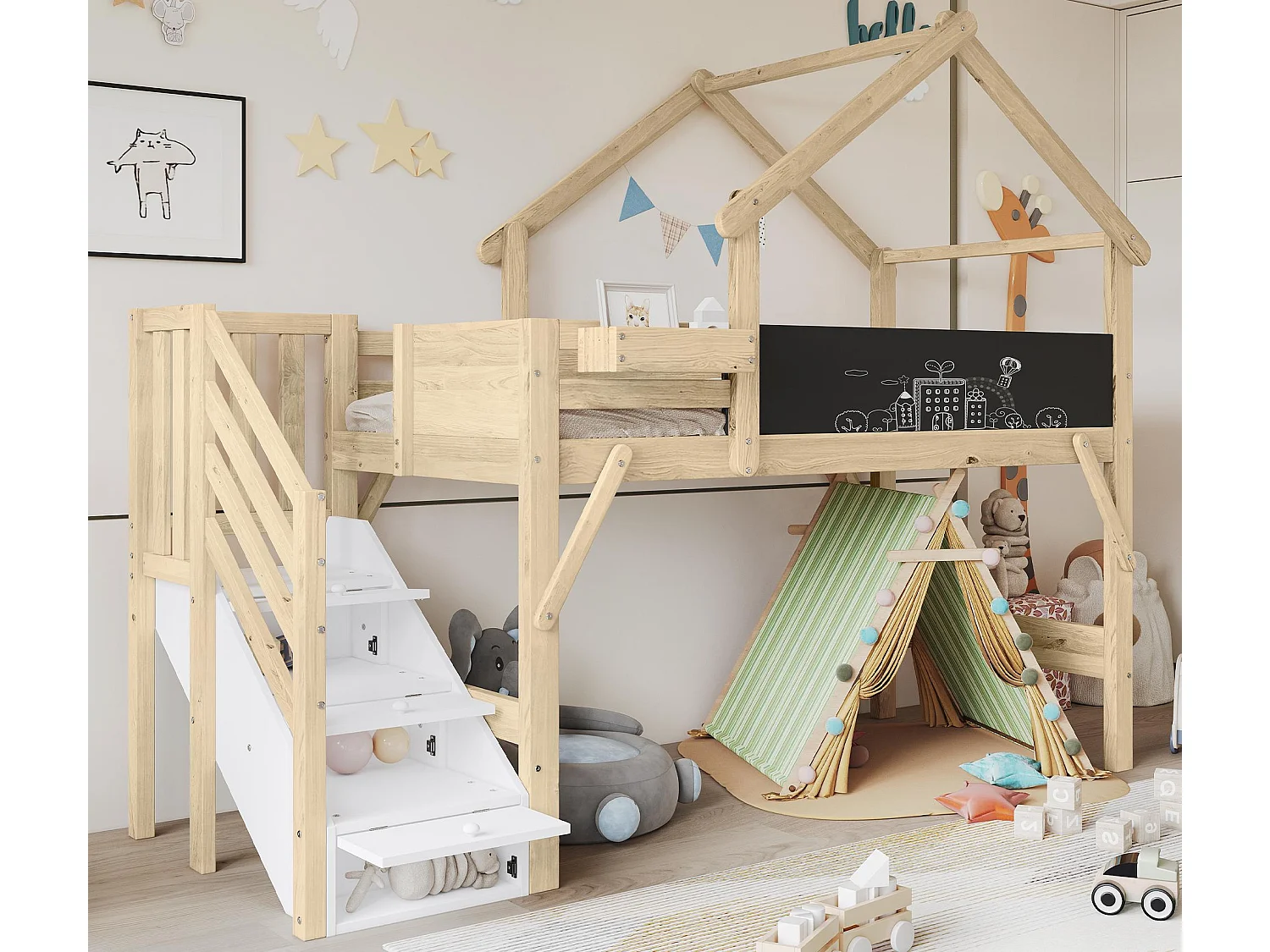 Houten mezzaninebed 90x200cm - met schoolbord en opbergtrap - Naturel