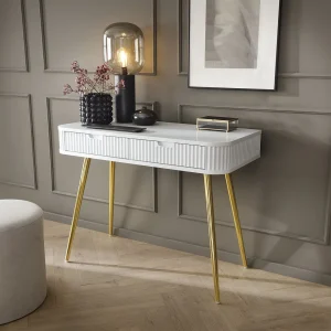 Kaptafel met 2 lades en gelamineerde fronten – 110 cm – wit met gouden poten – ZOVA