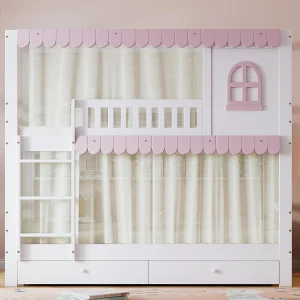 Houten stapelbed – 90×200 cm – met 2 lades en planken – Wit & Roze (met gordijnen) Houten stapelbed – 90×200 cm – met 2 lades en planken – Wit & Roze (met gordijnen)