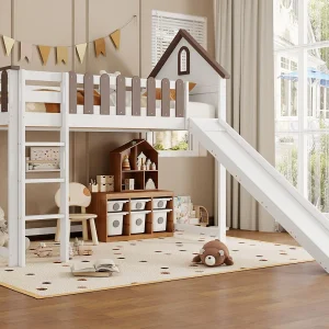 Hoogslaper 90×200 cm met ladder en glijbaan – in grenenhout en MDF – Wit & Bruin