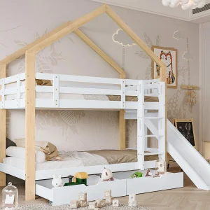 Stapelbed met glijbaan en ladder en lades – massief houten frame – 90×200 cm – Wit Stapelbed met glijbaan en ladder en lades – massief houten frame – 90×200 cm – Wit