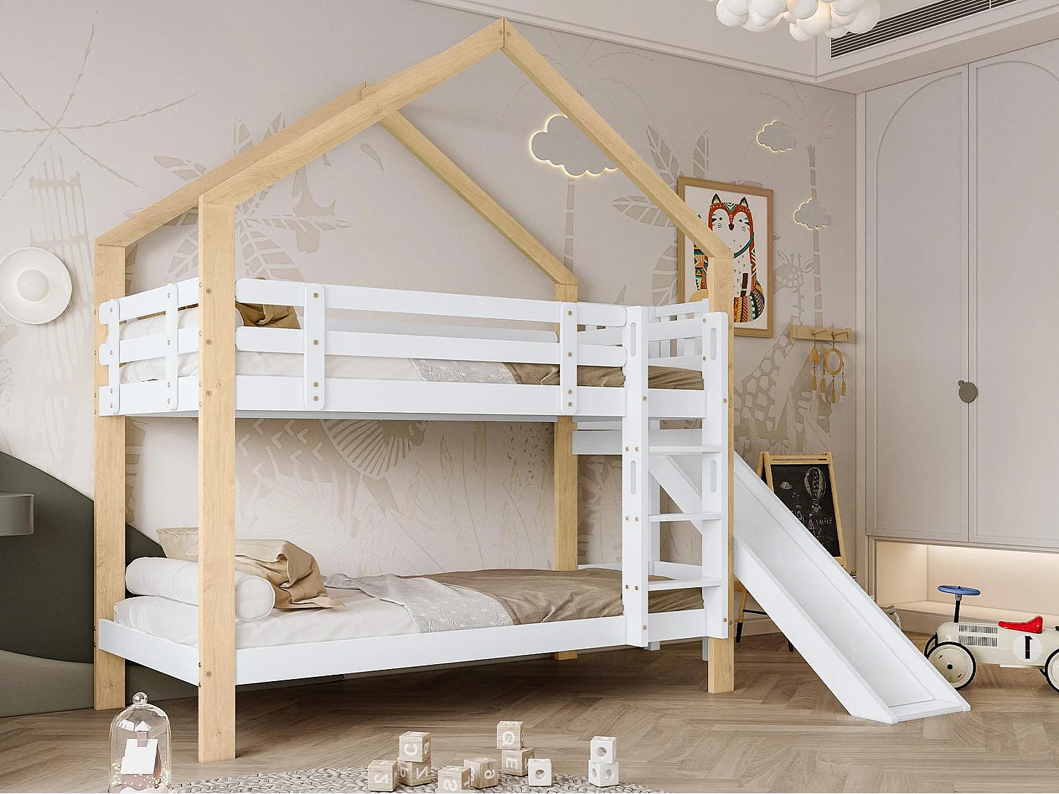 Stapelbed met glijbaan en ladder - massief houten frame - 90x200 cm - Wit
