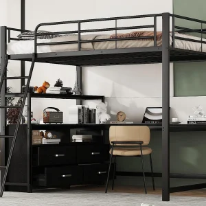 Hoogslaper 140x200cm – hoekbureau met laden – in MDF en metaal – Zwart Hoogslaper 140x200cm – hoekbureau met laden – in MDF en metaal – Zwart
