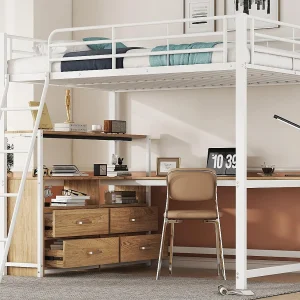 Hoogslaper 140x200cm – hoekbureau met laden – in MDF en metaal – Wit Hoogslaper 140x200cm – hoekbureau met laden – in MDF en metaal – Wit
