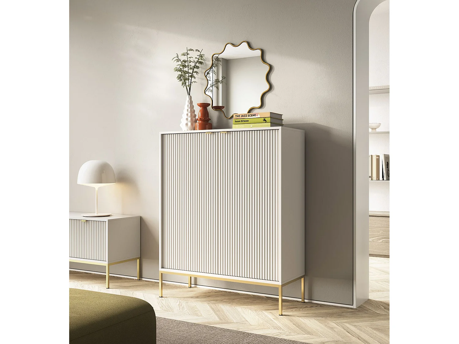 Hoog dressoir - 104 cm - greige met gouden poten - VELLORE