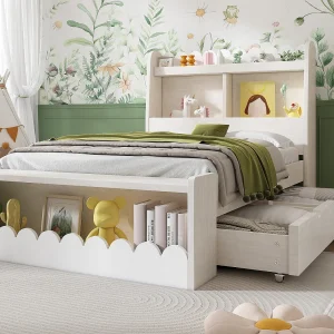 Houten eenpersoonsbed 90x190cm – met 2 laden en planken – Wit (matras niet inbegrepen) Houten eenpersoonsbed 90x190cm – met 2 laden en planken – Wit (matras niet inbegrepen)