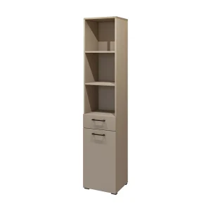 Hoge opbergmeubel collectie WASHING – 1 lade, 1 deur en 1 mand – Taupe en eiken Hoge opbergmeubel collectie WASHING – 1 lade, 1 deur en 1 mand – Taupe en eiken