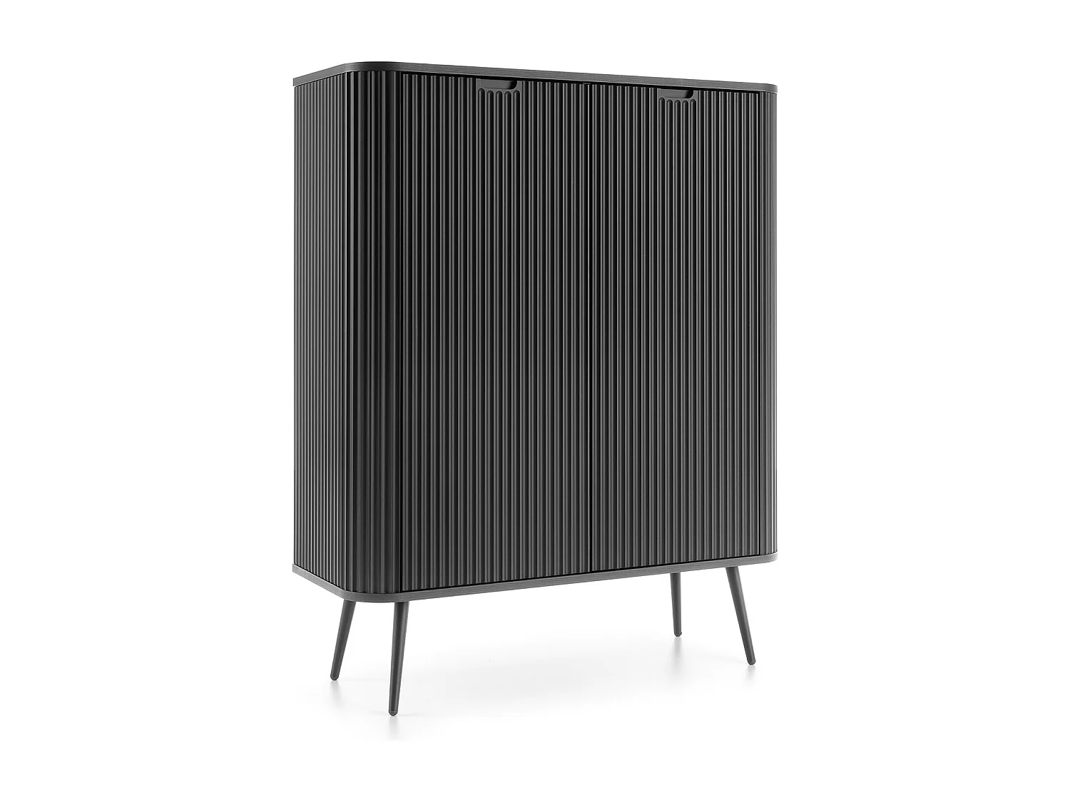 Hoge commode ZOVA met 6 planken, decoratieve groeven en metalen poten, zwart, 103/129/39cm, cashmere beige