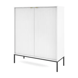 Hoog commode Geriffeld NOVA – 2 deuren, Highboard met gouden handgrepen, Wit, Zwarte poten 125x104x39cm – Elegant voor woonkamer Hoog commode Geriffeld NOVA – 2 deuren, Highboard met gouden handgrepen, Wit, Zwarte poten 125x104x39cm – Elegant voor woonkamer