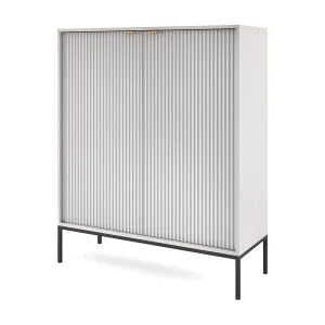 Hoog commode Geriffeld NOVA – 2 deuren, Highboard met gouden handgrepen, Grijs, Zwarte poten 125x104x39cm – Elegant voor woonkamer