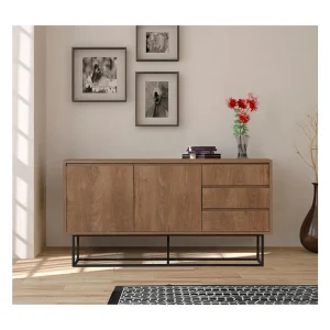 Houten buffetkast met notenhouten effect, 2 deuren en 3 laden 140 cm SABINOV Houten buffetkast met notenhouten effect, 2 deuren en 3 laden 140 cm SABINOV