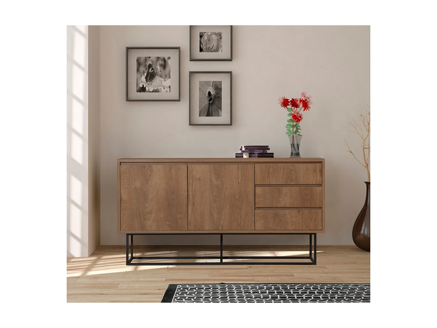 Houten buffetkast met notenhouten effect, 2 deuren en 3 laden 140 cm SABINOV