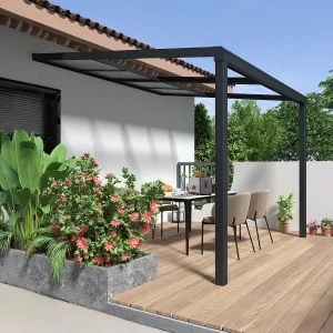 Pergola voor tegen de muur met schuifbaar dak, 9 m², antraciet IZEDA Pergola voor tegen de muur met schuifbaar dak, 9 m², antraciet IZEDA
