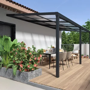 Pergola voor tegen de muur met schuifbaar dak – 18 m² – Antraciet – IZEDA Pergola voor tegen de muur met schuifbaar dak – 18 m² – Antraciet – IZEDA