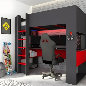 Hoogslaper gamer NOAH – 90 x 200 cm – met LED's – Antraciet en rood + matras – Koop nu Hoogslaper gamer NOAH – 90 x 200 cm – met LED's – Antraciet en rood + matras – Koop nu