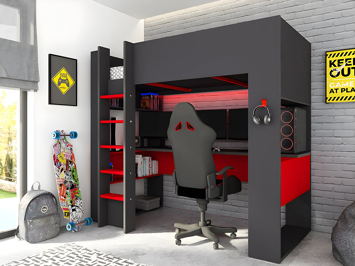 Hoogslaper gamer NOAH - 90 x 200 cm - met LED's - Antraciet en rood + matras - Koop nu