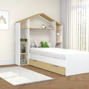 Hutbed 90 x 190 cm in wit en houtlook – JERACO Hutbed 90 x 190 cm in wit en houtlook – JERACO