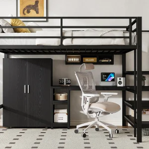 Hoogslaper van metaal 140×200 cm – met bureau, kledingkast en opbergladder – Zwart Hoogslaper van metaal 140×200 cm – met bureau, kledingkast en opbergladder – Zwart