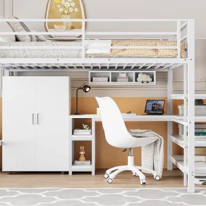 Hoogslaper van metaal 140×200 cm – met bureau, kledingkast en opbergladder – Wit Hoogslaper van metaal 140×200 cm – met bureau, kledingkast en opbergladder – Wit