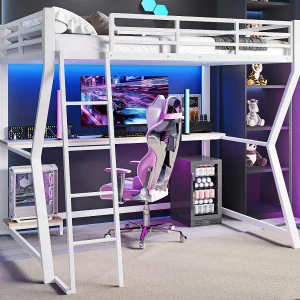 Hoogslaper 90x200cm met LED en stopcontacten – bureau + trap – Wit