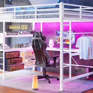 Hoogslaper 140x200cm met LED en stopcontacten – bureau met 3 lades en plank – Wit Hoogslaper 140x200cm met LED en stopcontacten – bureau met 3 lades en plank – Wit