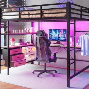 Hoogslaper 140x200cm met LED en stopcontacten – bureau met 3 lades en plank – Zwart Hoogslaper 140x200cm met LED en stopcontacten – bureau met 3 lades en plank – Zwart