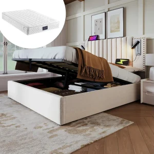 Katoenen stoffen borst 160x200cm + matras, verstelbaar hoofdeinde, met leeslamp en laadpoort, beige Katoenen stoffen borst 160x200cm + matras, verstelbaar hoofdeinde, met leeslamp en laadpoort, beige