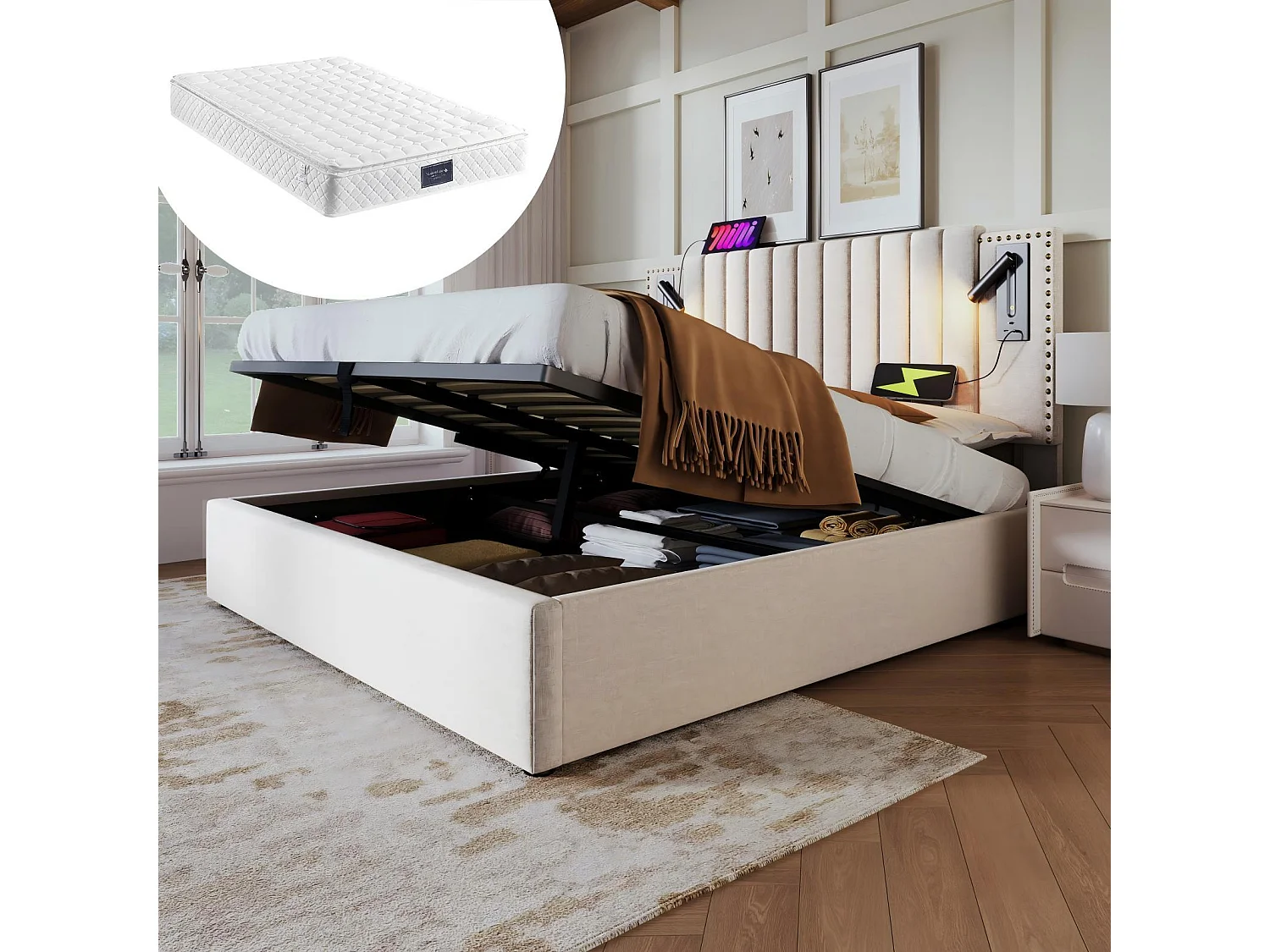 Katoenen stoffen borst 160x200cm + matras, verstelbaar hoofdeinde, met leeslamp en laadpoort, beige