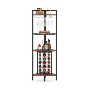 Hoekschap met flessenhouder en opbergplanken, 4-laags hoekbar, vrijstaande hoekschap voor woonkamer, eetkamer, keuken