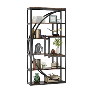 Industriële boekenkast met 5 niveaus, 180 cm hoge boekenkast met 8 open opbergplanken, rustiek bruin Industriële boekenkast met 5 niveaus, 180 cm hoge boekenkast met 8 open opbergplanken, rustiek bruin