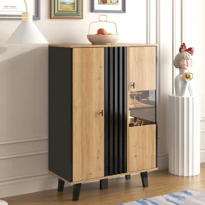 Hoog dressoir met interne LED-verlichting – 2 deuren 8 vakken – Naturel & Zwart Hoog dressoir met interne LED-verlichting – 2 deuren 8 vakken – Naturel & Zwart