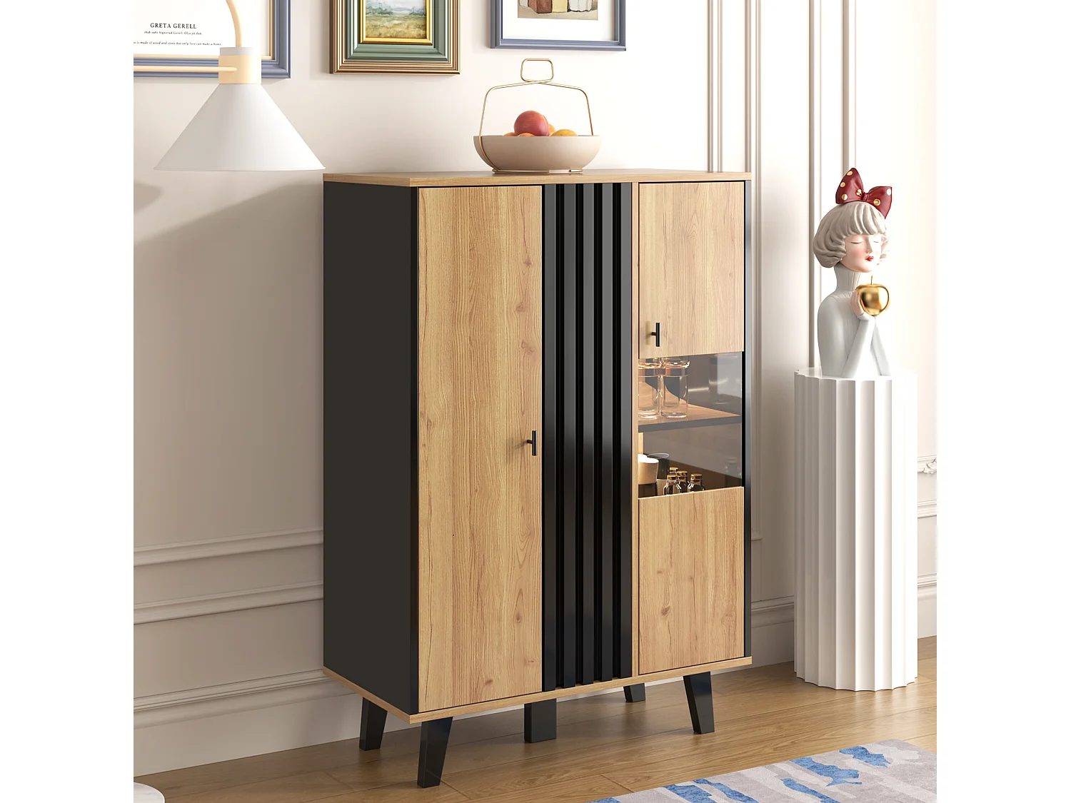 Hoog dressoir met interne LED-verlichting - 2 deuren 8 vakken - Naturel & Zwart