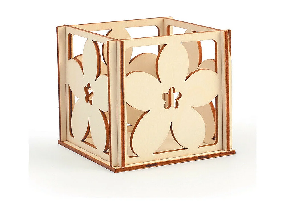 Houten theelichthouder om te decoreren - Bloemen - 10 x 10 x 6 cm