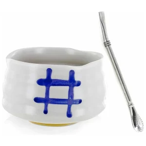 Japanse Chawan Ceremoniële Kom Wit + RVS Rietje met Filter