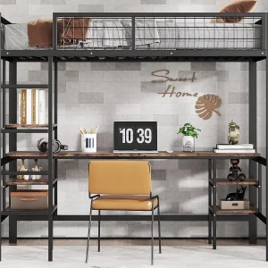 Hoogslaper 90x200cm – met tafel + plank – met vier-treden ladder – ijzer + spaanplaat – zwart (zonder matras)