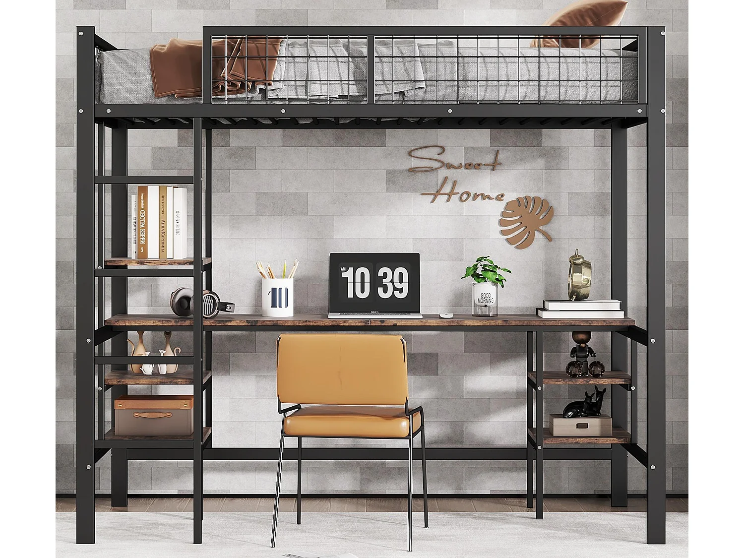 Hoogslaper 90x200cm - met tafel + plank - met vier-treden ladder - ijzer + spaanplaat - zwart (zonder matras)