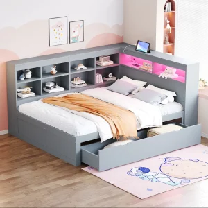 Houten bed 140 x 200 cm met hoofdbord – opbergvakken en 1 grote lade – LED's – Dennenhout + multiplex + MDF – Grijs Houten bed 140 x 200 cm met hoofdbord – opbergvakken en 1 grote lade – LED's – Dennenhout + multiplex + MDF – Grijs