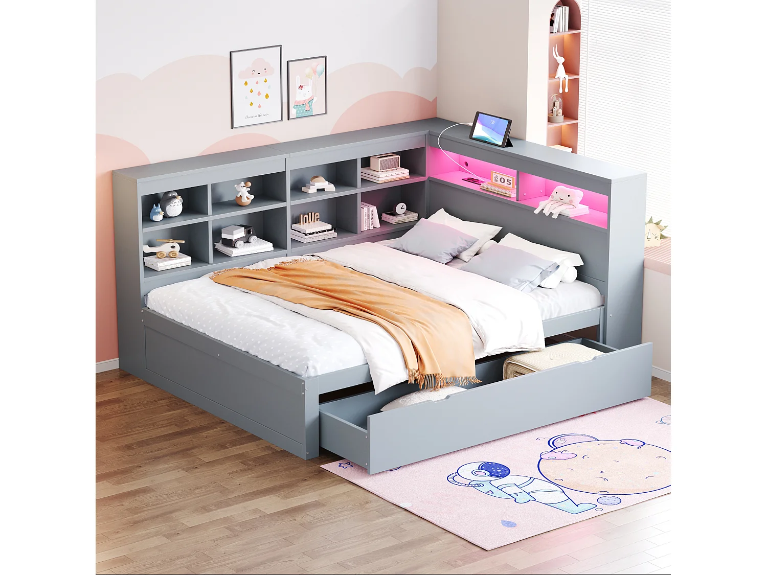 Houten bed 140 x 200 cm met hoofdbord - opbergvakken en 1 grote lade - LED's - Dennenhout + multiplex + MDF - Grijs