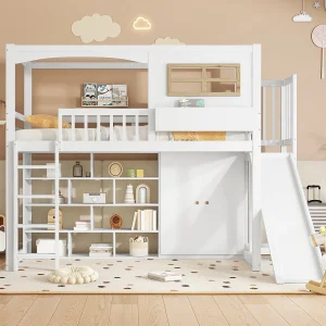 Hoogslaper 90 x 200 cm met glijbaan, kledingkast en boekenkast – Grenen + MDF + multiplex – Lattenbodem – Wit Hoogslaper 90 x 200 cm met glijbaan, kledingkast en boekenkast – Grenen + MDF + multiplex – Lattenbodem – Wit