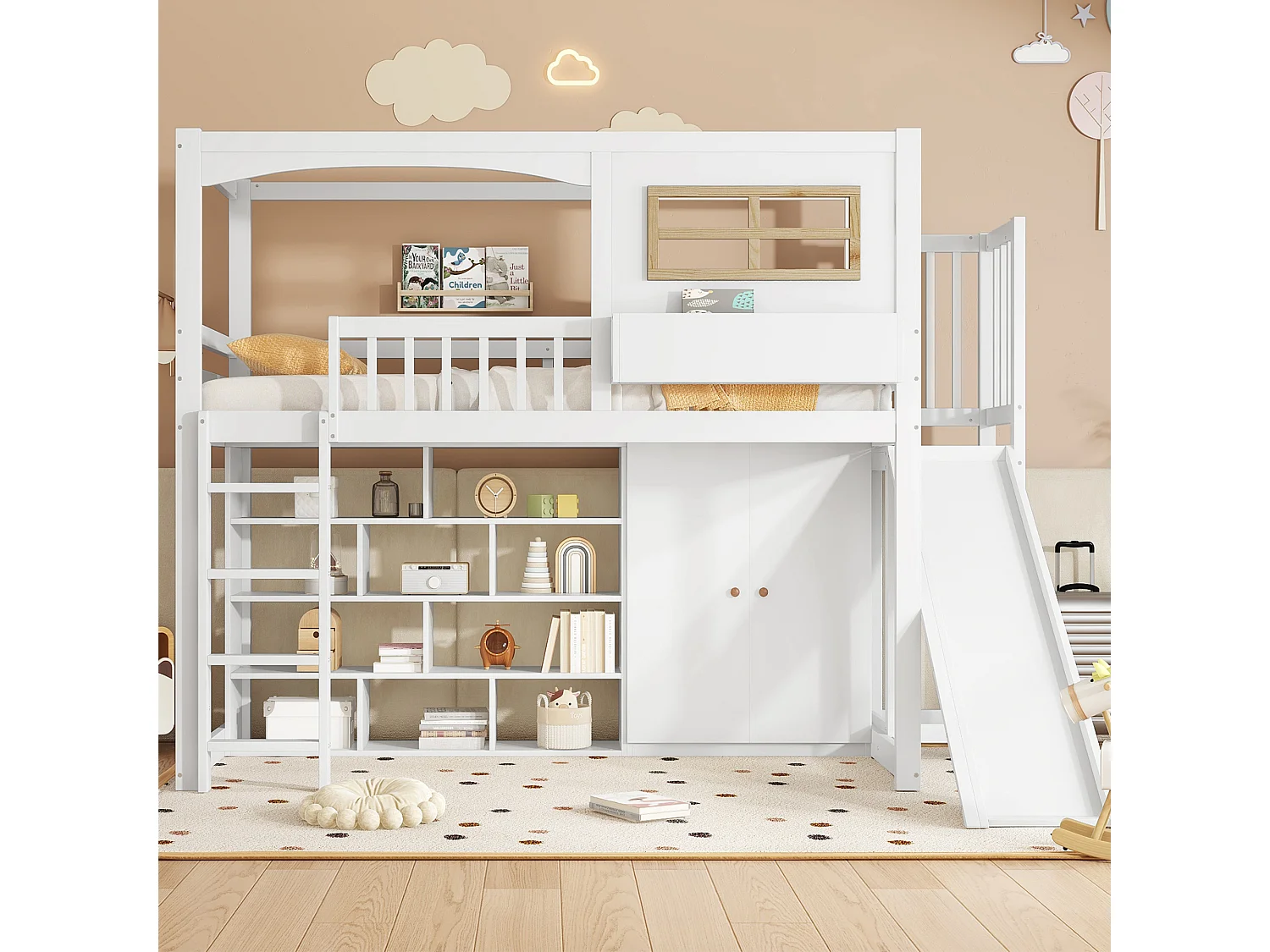 Hoogslaper 90 x 200 cm met glijbaan, kledingkast en boekenkast - Grenen + MDF + multiplex - Lattenbodem - Wit