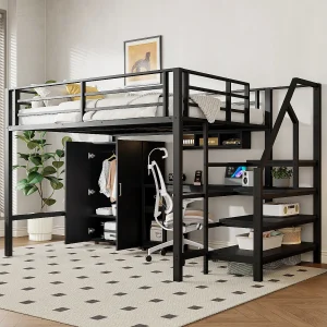 Hoogslaper 140 x 200 cm met bureau, kledingkast en planken – Metaal + MDF – Zwart (zonder matras)