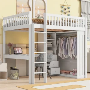 Hoogslaper 140 x 200 cm met bureau, kledingkast en 3 lades – Grenen + MDF – Wit (zonder matras)