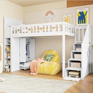 Hoogslaper 90 x 200 cm met kledingkast, opbergplanken en lades – Dennen + MDF – Wit (zonder matras)