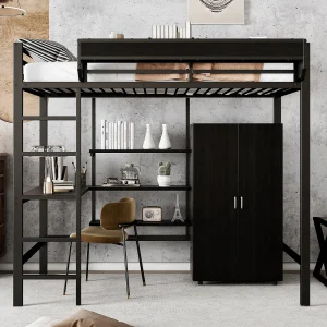 Hoogslaper 90 x 200 cm met bureau, kledingkast en opbergplanken – IJzer + spaanplaat – voor kinderen – Zwart Hoogslaper 90 x 200 cm met bureau, kledingkast en opbergplanken – IJzer + spaanplaat – voor kinderen – Zwart